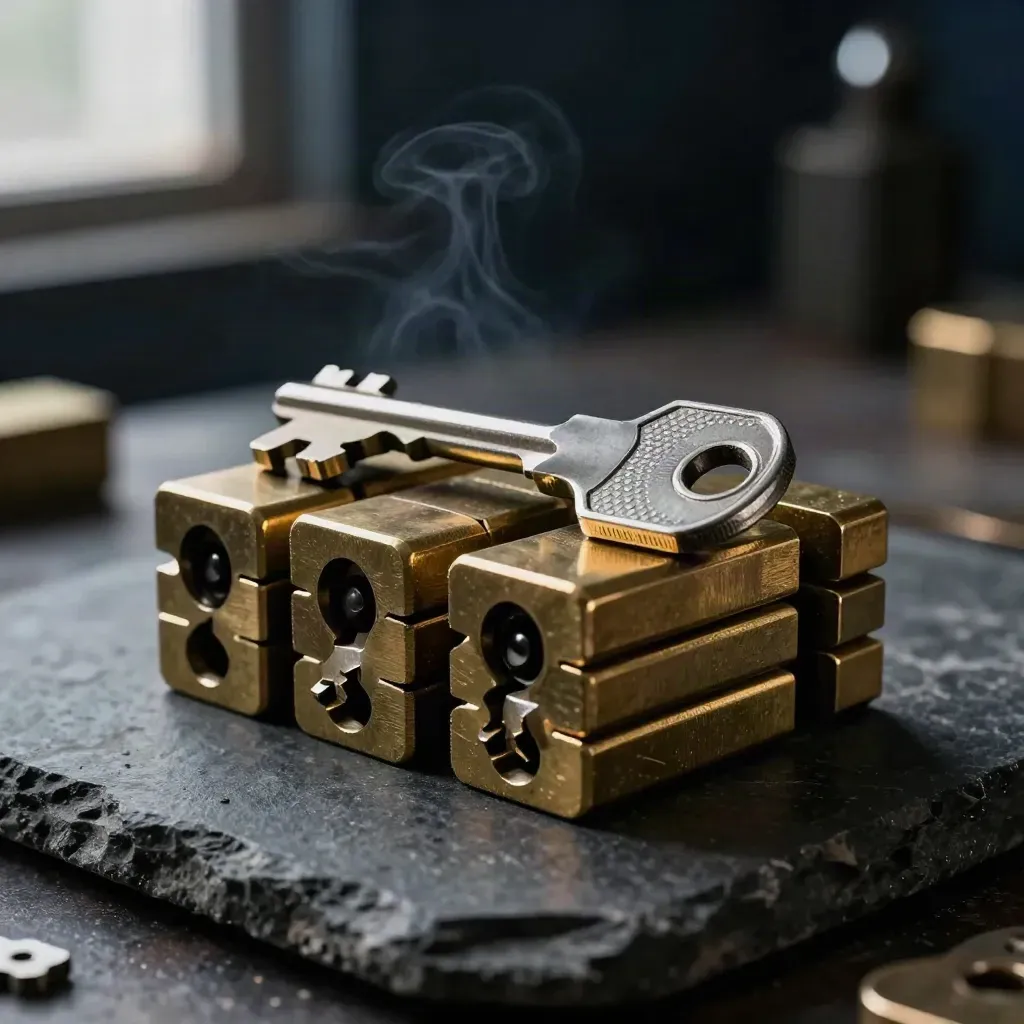 Brass lock cores and key blanks on dark stone with a sealed file clip