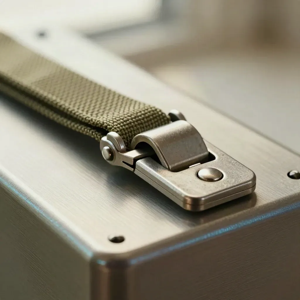 Macro of a cargo seal, braided strap, and aluminum latch on brushed steel with blue highlight.