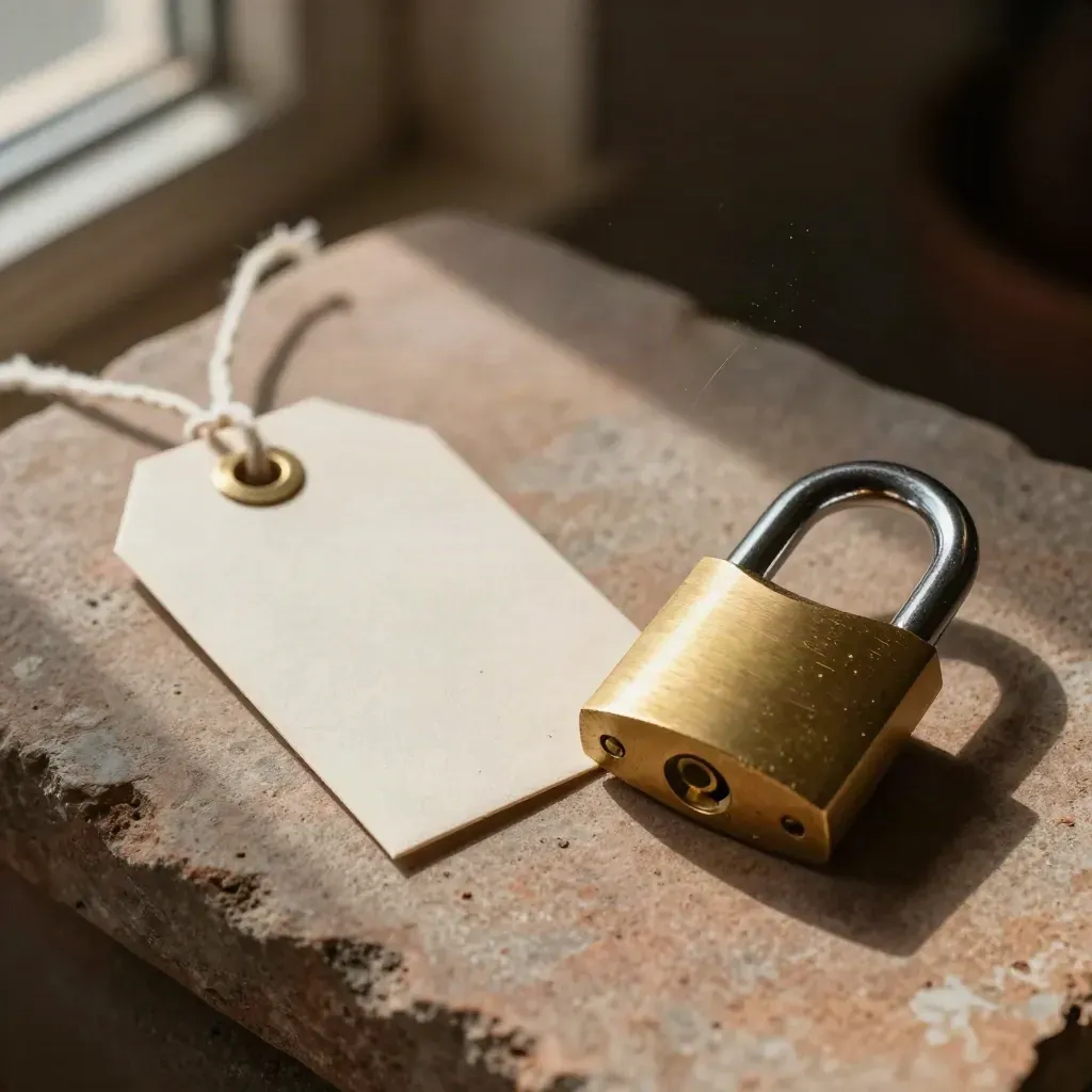 Padlock core, evidence seal, and archive tag on warm stone