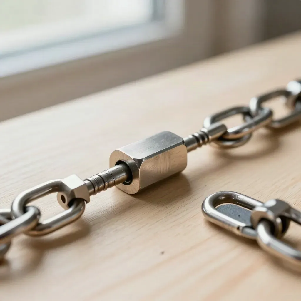 Machined rings, connector blocks, and a clamp aligned on pale wood in macro detail.