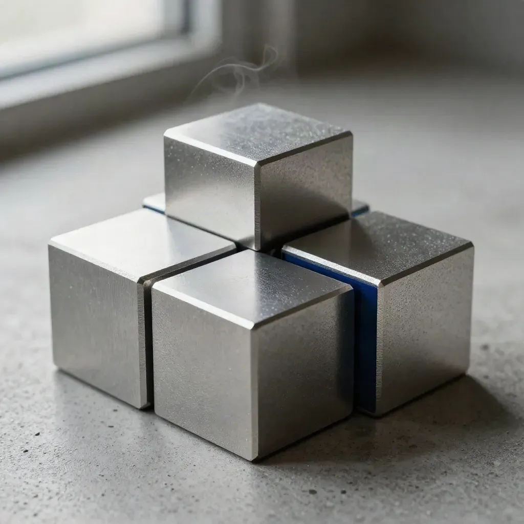 Aluminum cubes and a hex spacer on brushed concrete in dramatic studio light.