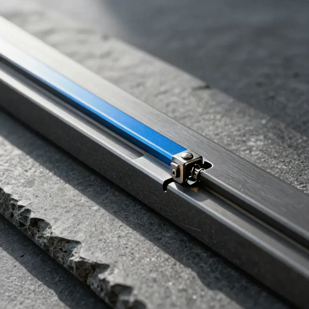 Macro of a modular rail, block, and latch locking together on dark stone.