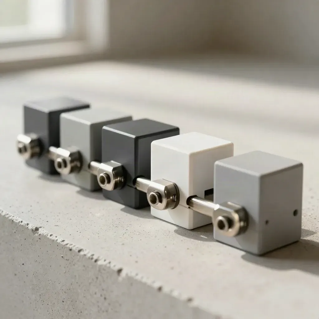 Graphite sensor blocks and a precision connector bar on pale concrete, softly lit and shallow-focused.