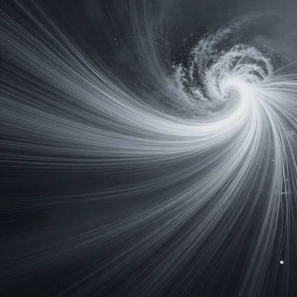Silver filaments converge into a soft white bloom in dark graphite haze, with empty space below.