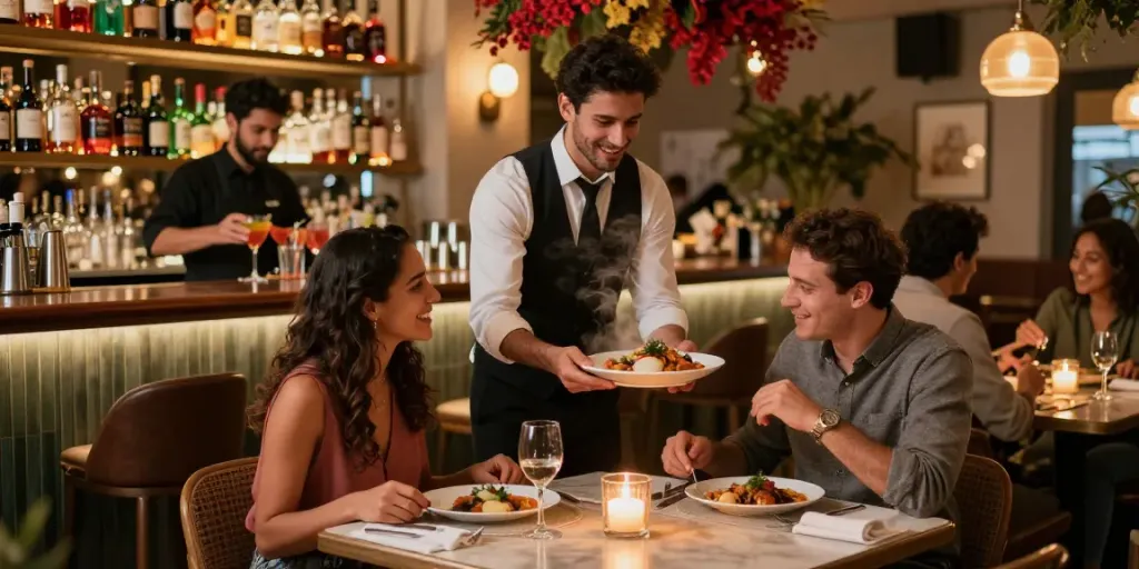 Suasana restoran di https://thekegroomnyc.com/ yang ramai dan mengundang, dengan pengunjung menikmati makanan.