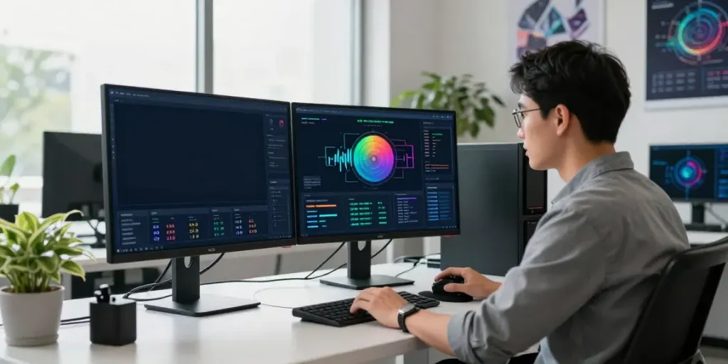 Analyzing energy metrics and AI tokens in a modern workspace, showcasing innovative tech.