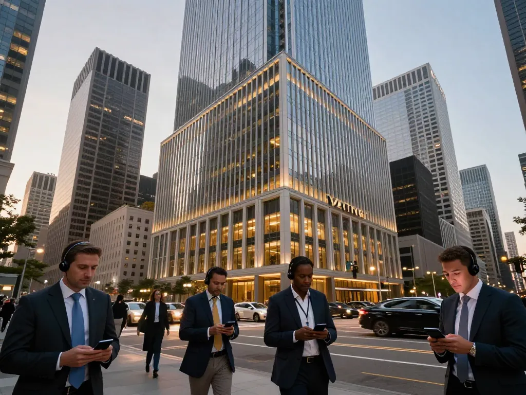 Dynamic financial district scene highlighting largest banks in the US during twilight.