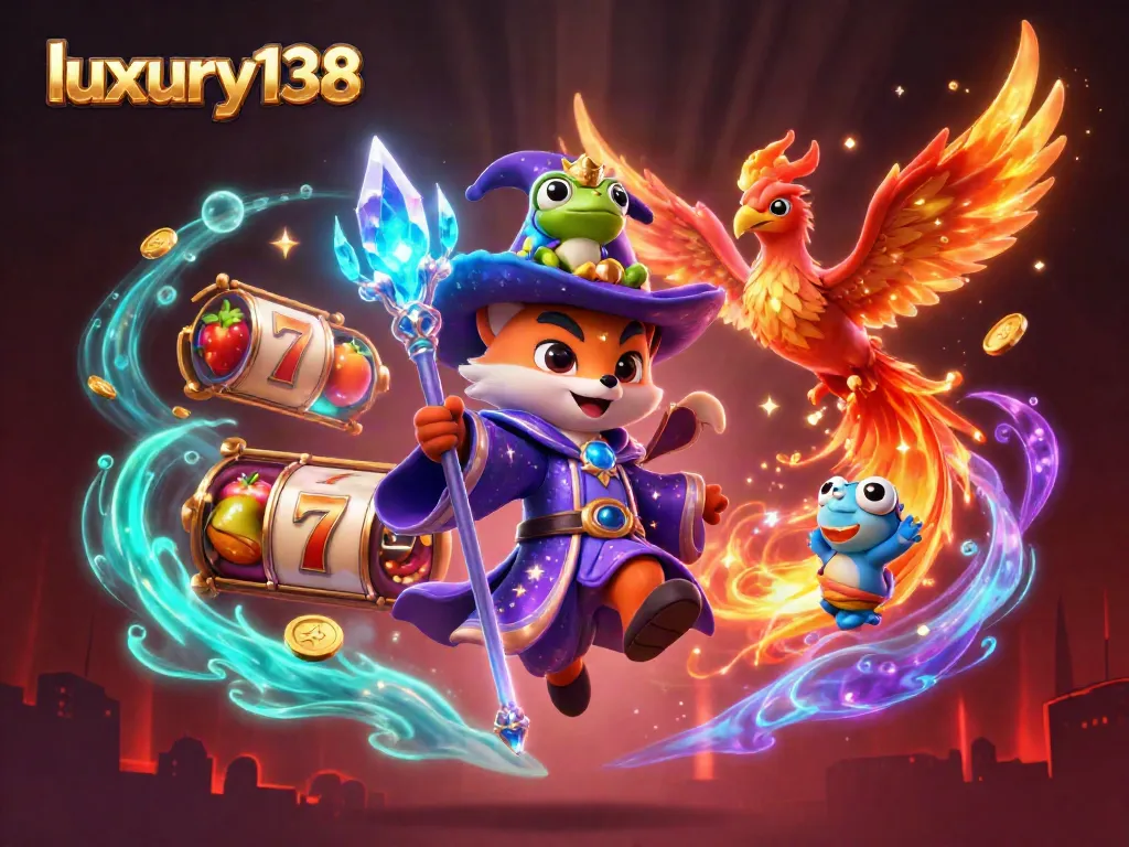 Luxury138 memikat pemain dengan slot berputar, sambil dikelilingi karakter ajaib dalam suasana permainan yang megah.
