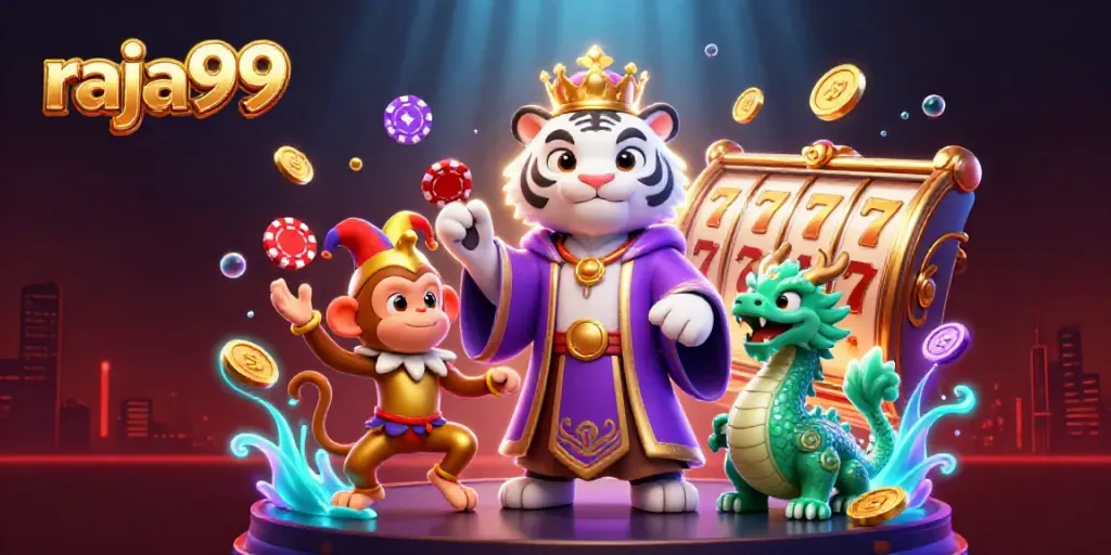 Experience thrilling wins at raja99 with an elegant scene featuring a white tiger, monkey, and dragon in a vibrant casino.