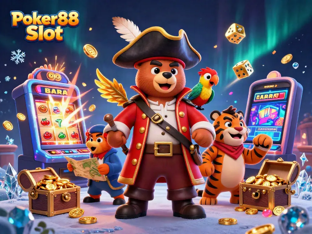 Experience winning moments with Poker88 Slot in a vibrant 3D casino scene bursting with bonuses.