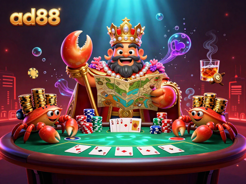 Experience thrilling gameplay at ad88 with a golden crab emperor leading the poker table scene.