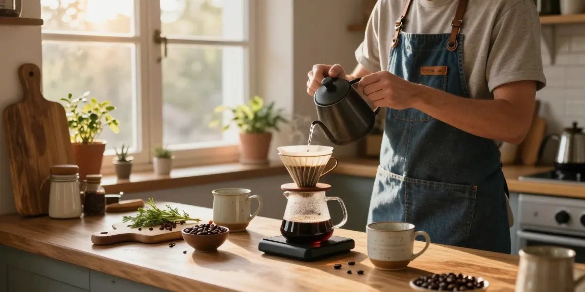 Barista brewing coffee with Ebb apron in a cozy kitchen from www.ebbfilter.com