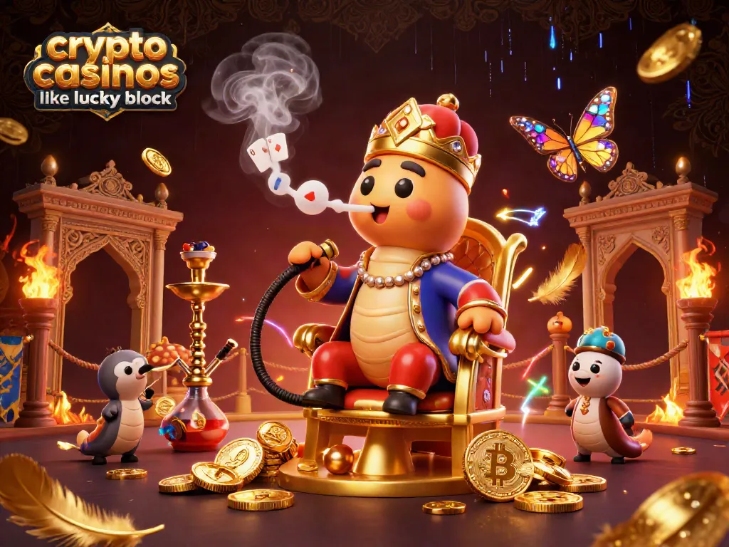 Engage with crypto casinos like lucky block by playing in vibrant 3D illustration featuring casino character elements.