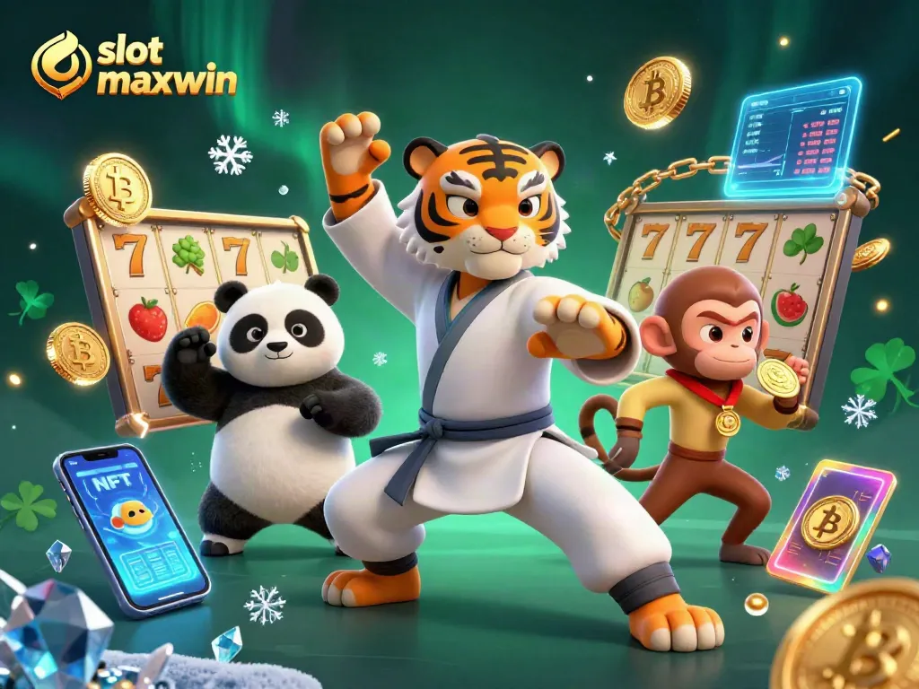 Engage with slot maxwin action in a vibrant 3D casino scene with playful characters and winning symbols.