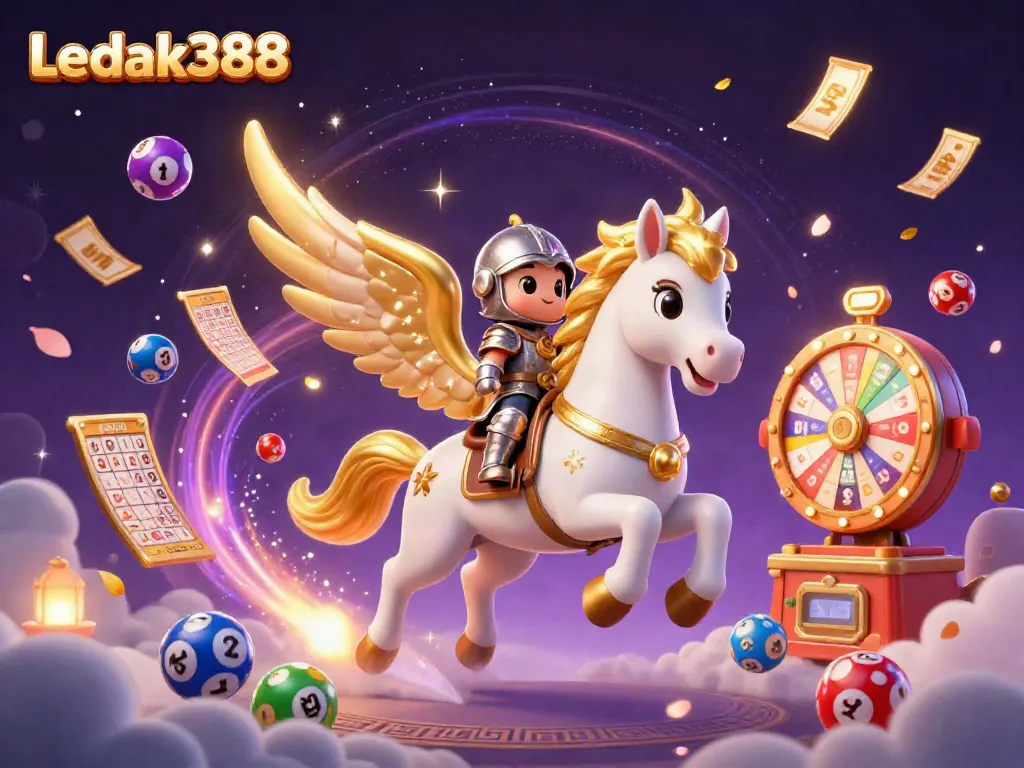 Experience gaming excitement at Ledak388 with vibrant lottery elements and a mythical knight.
