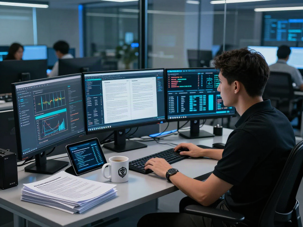 Innovative document fraud detection solution in a cybersecurity workspace with an analyst monitoring real-time data on multiple screens.