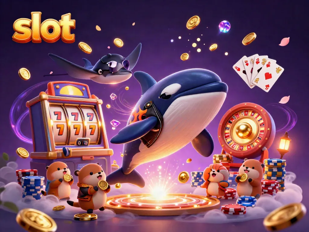 Gambarkan aksi kemenangan dengan slot di kasino, menampilkan ikan orca, stingray, dan berang-berang.