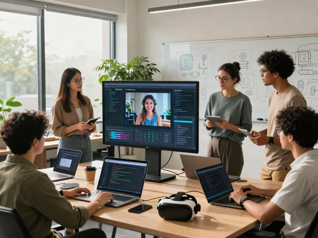 AI Image Detector software analysis in a modern tech workspace, showcasing teamwork and innovation.