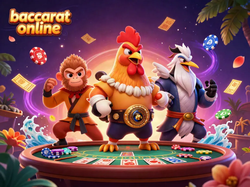 Experience the excitement of baccarat online with a dynamic 3D illustration featuring engaging casino characters and elements.