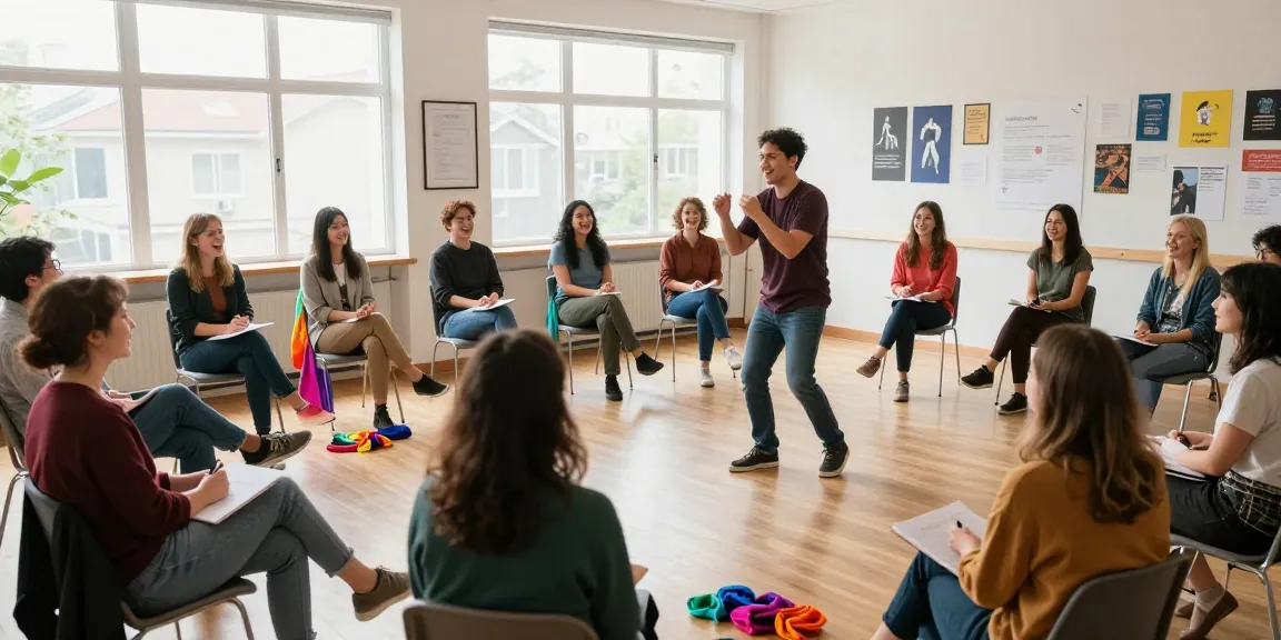 Beginner improv class with diverse participants engaging joyfully while learning in a bright studio.