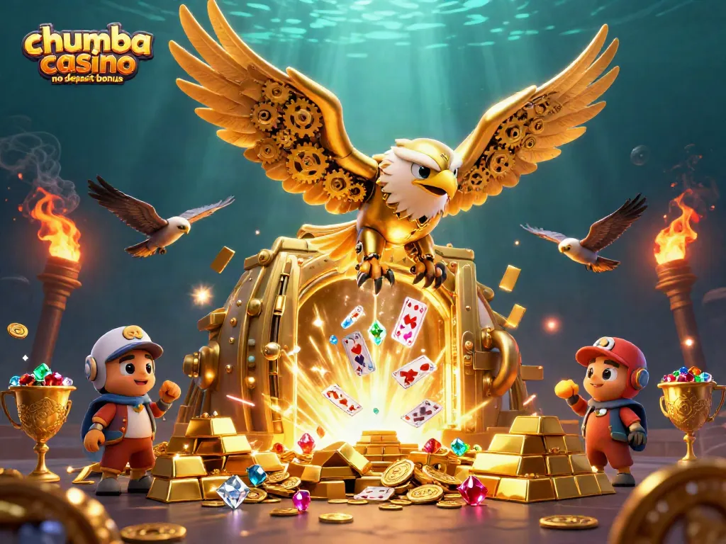 Join the excitement with Chumba Casino no deposit bonus while exploring a vibrant scene of gold coins and cards.