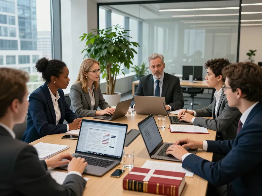 Lead Roedl team collaborating in a modern law office, showcasing expertise in international legal advisory.