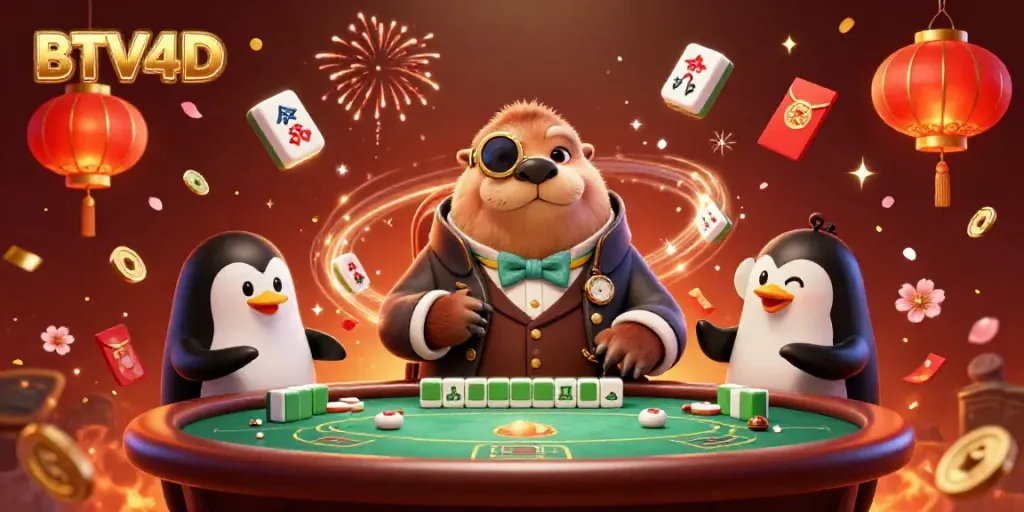 Ilustrasi kasino BTV4D di bawah laut dengan walrus dan dealer penguin yang sedang bermain kartu.
