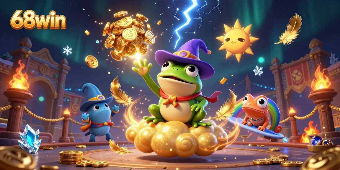 Experience 68win's exciting features with a vibrant storm of golden coins and dynamic casino elements.