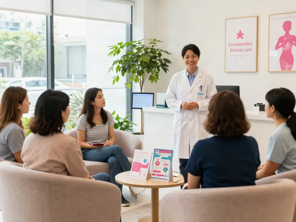 Breast care specialists welcoming patients in a friendly clinic environment with health information.