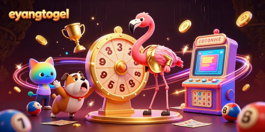 eyangtogel engaging lottery game scene with flamingo host, bulldog contestant, and cat assistant.