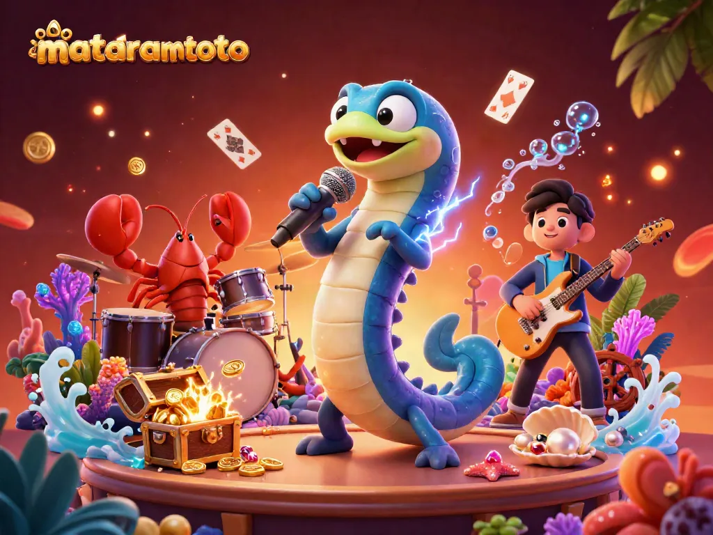 Experience the thrill of gaming at Mataramtoto with a lively underwater casino scene featuring a DJ electric eel and vibrant sea creatures.