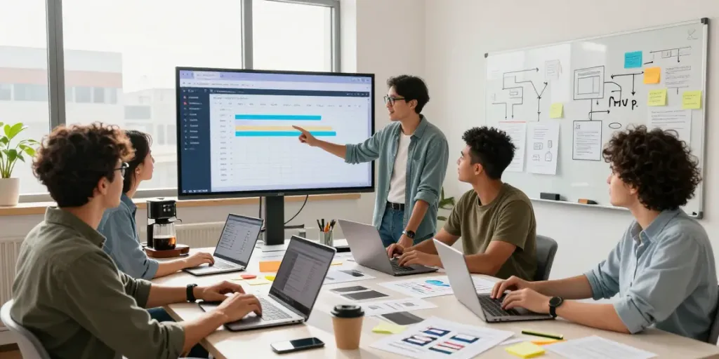 A collaborative workspace where a team discusses their mvp development service strategy, showcasing project timelines and budget planning.