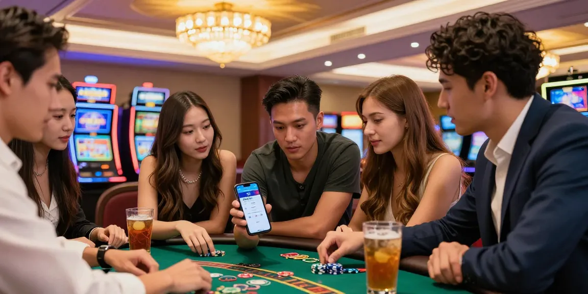 Friends discussing 먹튀검증 app in a lively casino setting with colorful atmosphere.