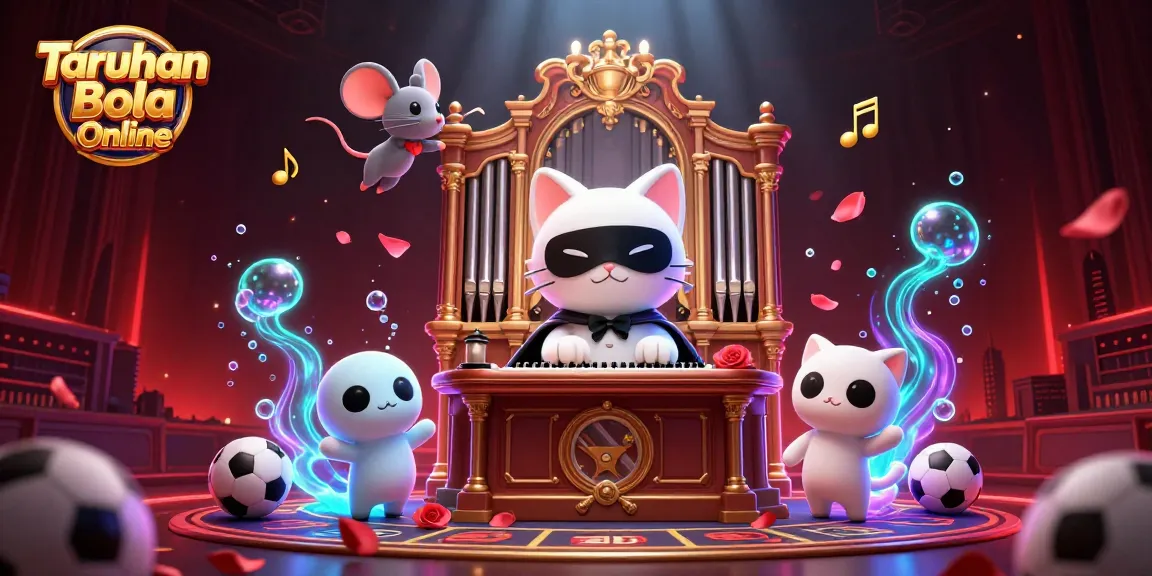 Engage in Taruhan Bola Online with this colorful and dynamic casino-themed scene featuring a playful white cat and mouse acrobat.