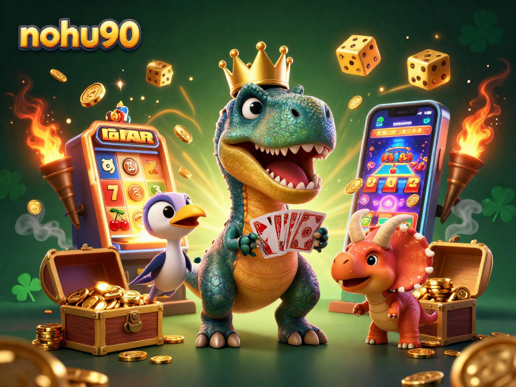 Experience the excitement of nohu90 with a 3D scene featuring a T-Rex playing cards alongside vibrant casino elements.