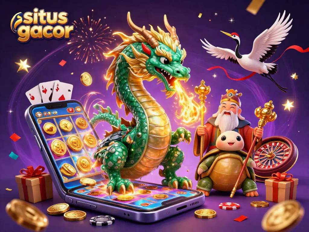 Situs gacor featuring a jade dragon and turtle sage amidst an array of casino games and festive elements.
