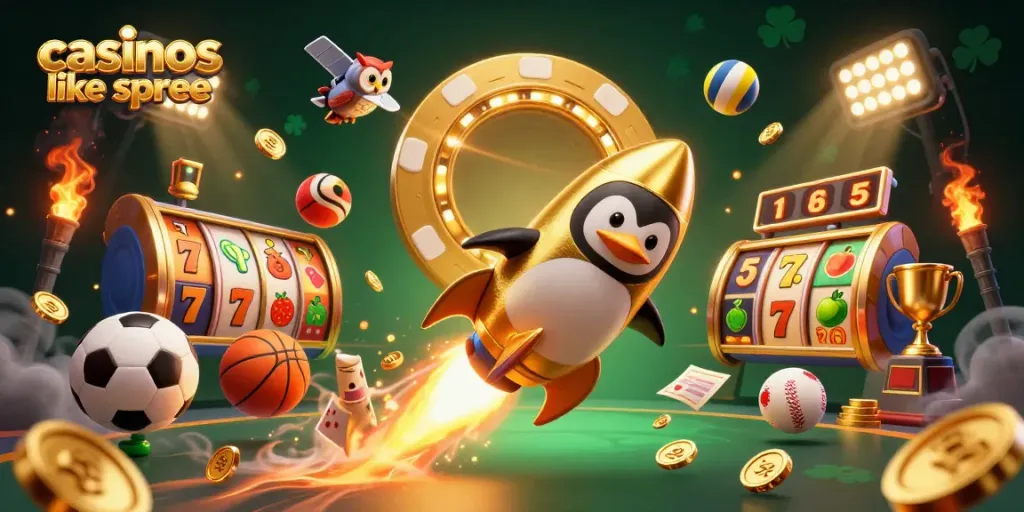 Engage with casinos like spree as a golden penguin rockets through a vibrant 3D casino world.