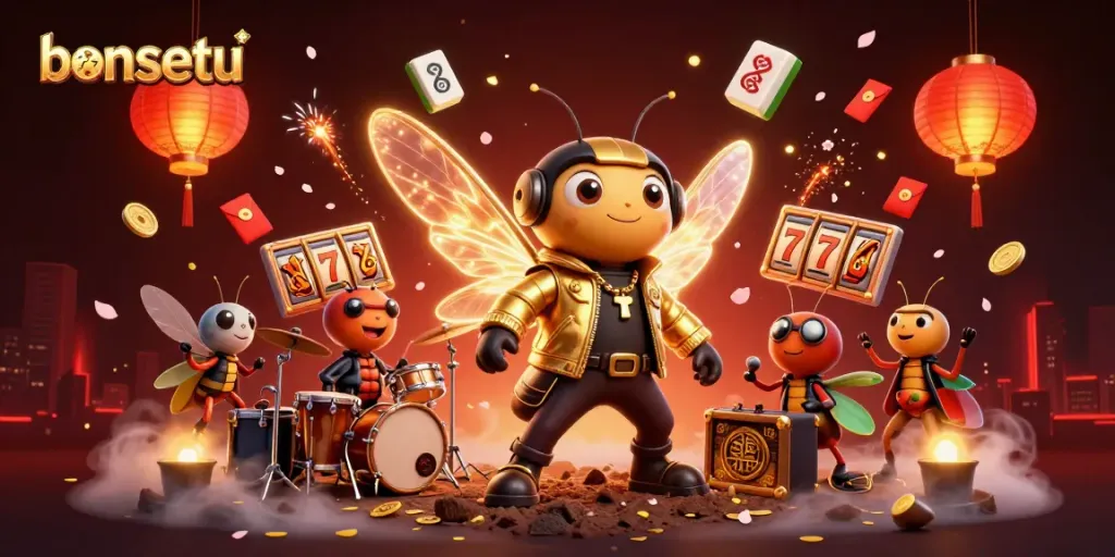 Engage with bonusetu's vibrant gaming scene featuring a dynamic cicada rock star alongside lively casino elements.