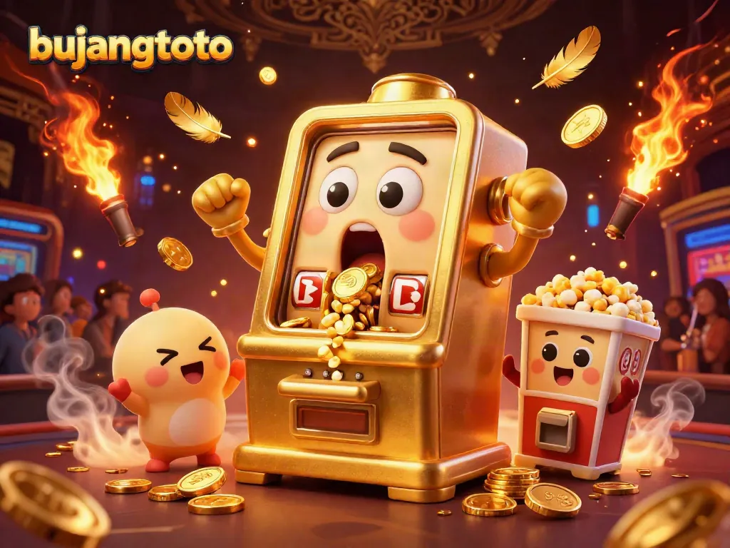 Bujangtoto jackpot celebration scene with golden slot machine winning coins, surrounded by cheering baby slots.