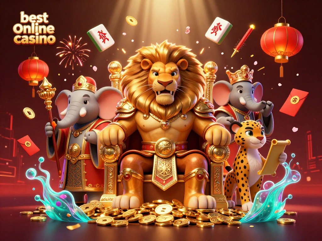 Engage with the best online casino featuring a lion king, elephant advisor, and cheetah messenger amidst festive decorations.
