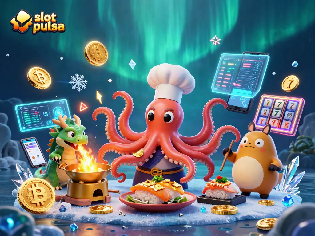 Engage with exciting slot deposit pulsa gaming, featuring a sushi chef octopus and dragon in a vibrant casino setting.