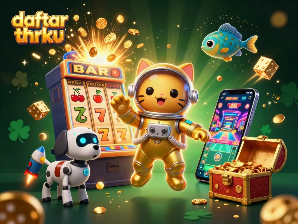 Spin jackpots and win with daftar thrku featuring a playful astronaut cat and thrilling casino elements.