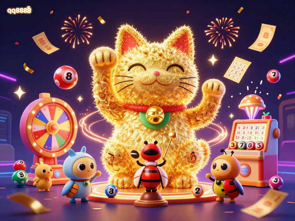 Engage with the energetic qq8888 casino scene featuring a lucky cat and colorful game elements.