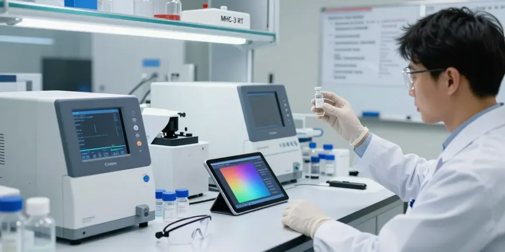 Researcher analyzing MHC-3 RT compound in a modern laboratory setting.