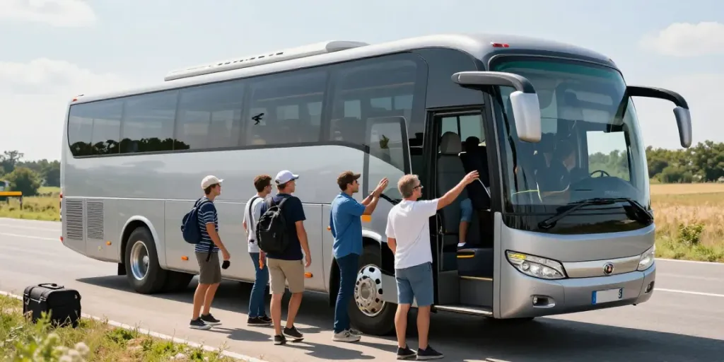 Transport internațional Moldova - Pasageri îmbarcându-se într-un autobuz modern pentru o călătorie confortabilă.