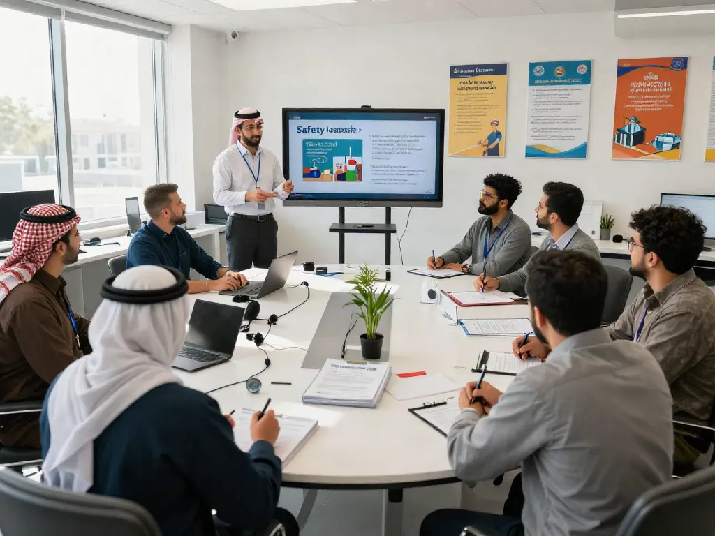Training Institute Saudi Arabia, professionals engaged in HSE training session with interactive presentations and safety materials