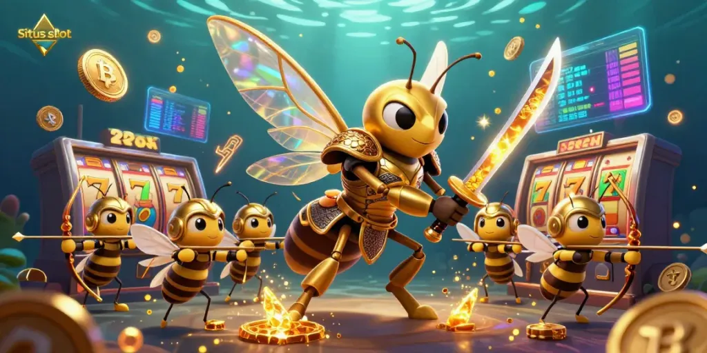 Spin the reels with Situs slot surrounded by fantastical characters and glowing 3D coins in an immersive casino atmosphere.