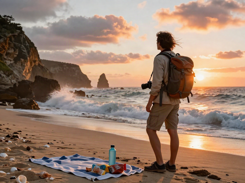 Traveler enjoying sunset on the beach while planning a slot 5k adventure.