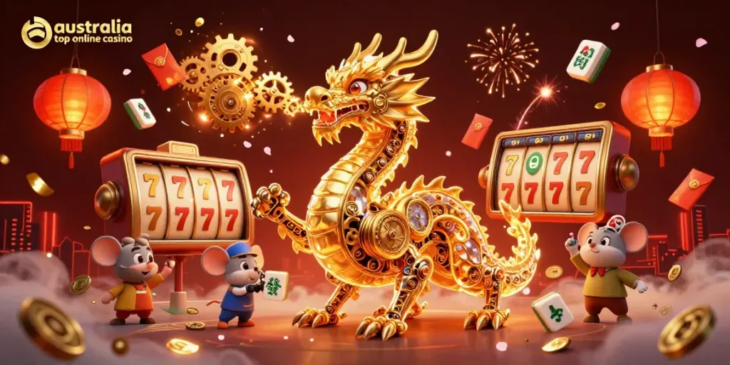 Experience the excitement of australia top online casino with a golden dragon scene full of vibrant gaming symbols.