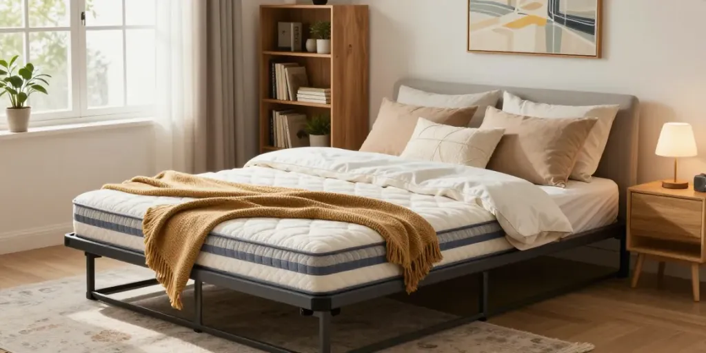 Comfortable folding bed with mattress set up in a cozy bedroom, inviting for guests.